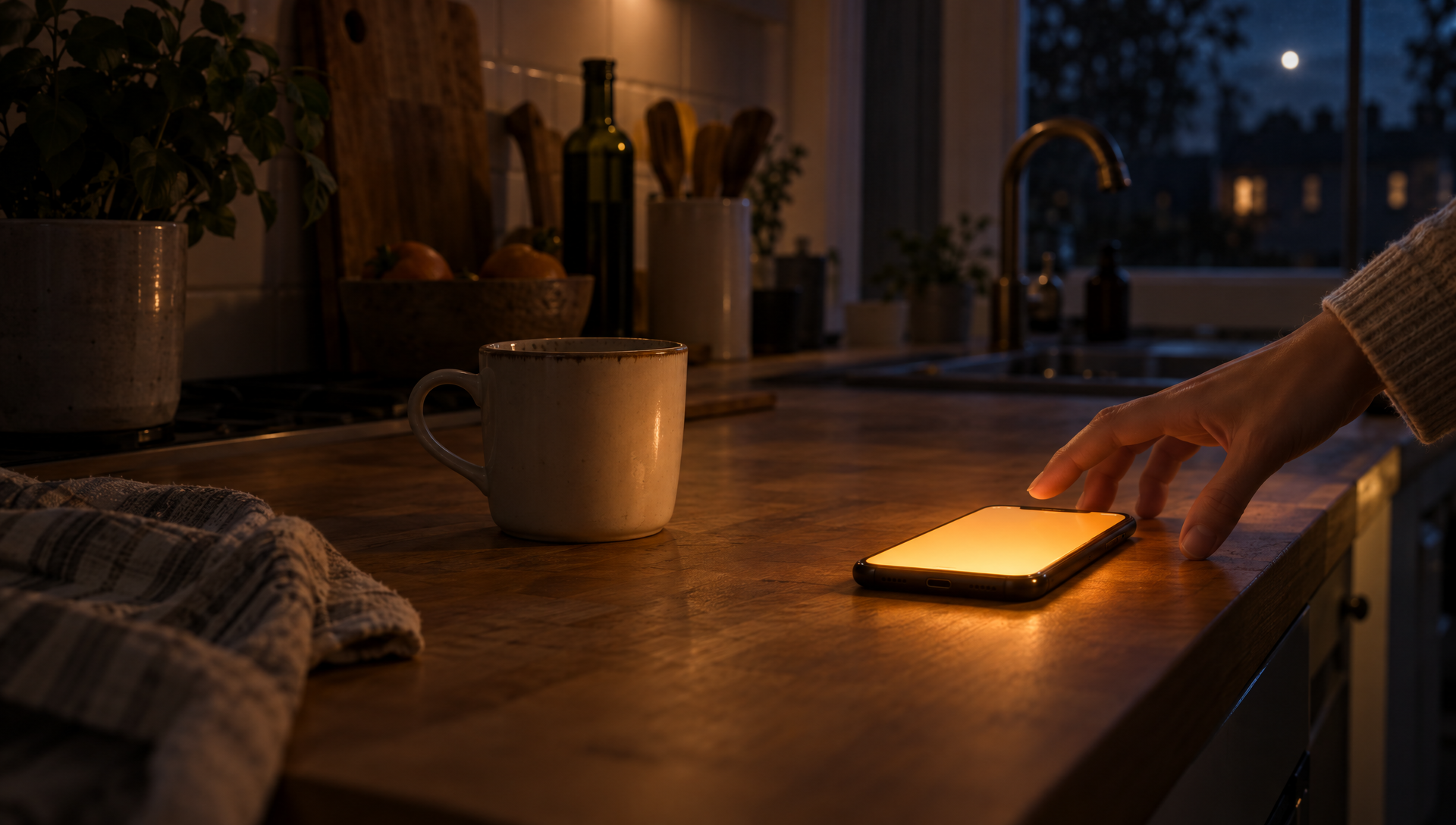 the kitchen, a phone waking amber