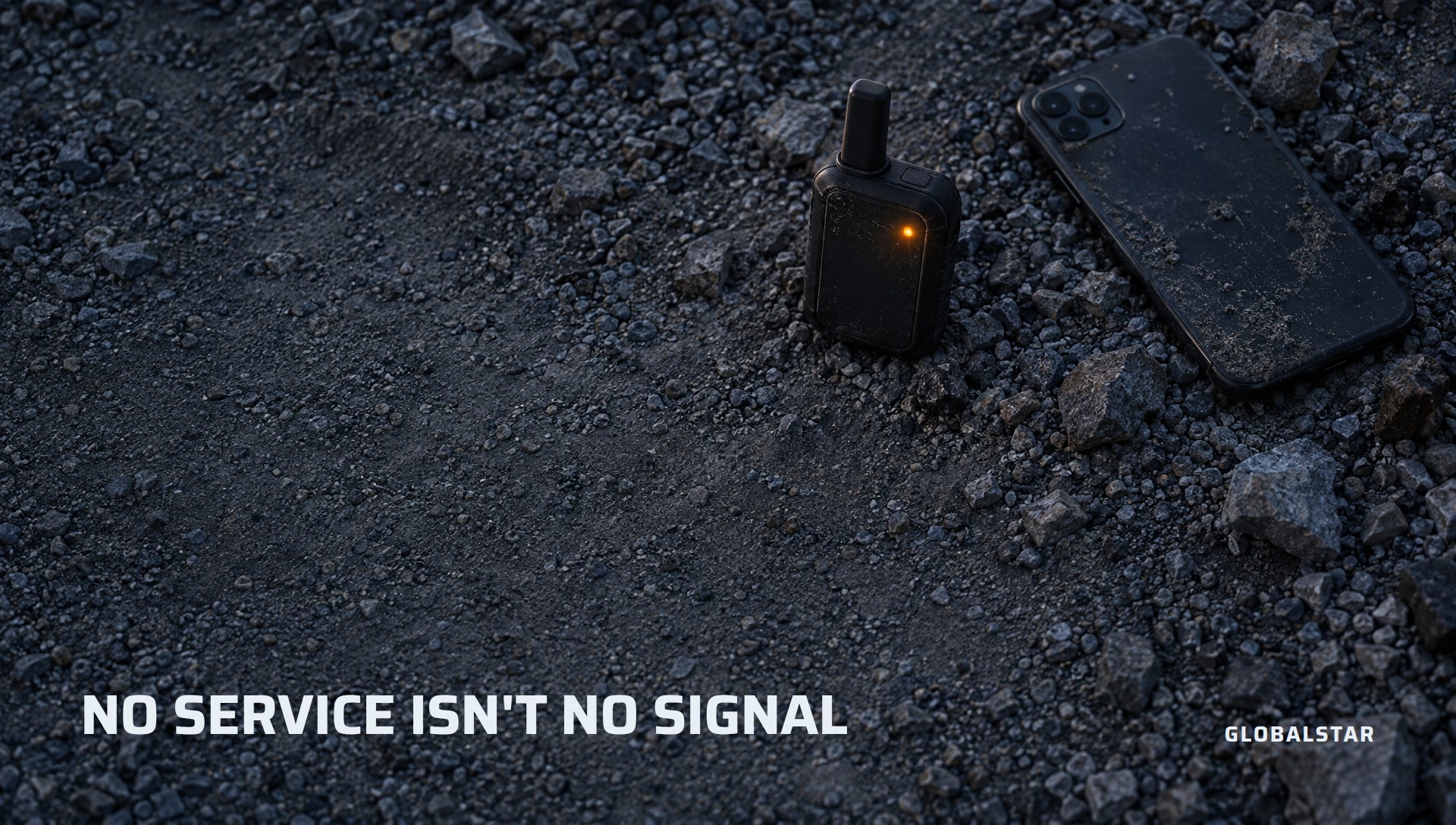 A lit satellite messenger beside a dead phone on dark ground